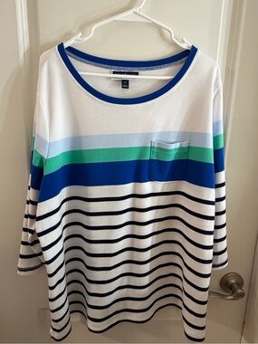 Karen Scott Sport Crewneck Tee in White and Cobalt Blue